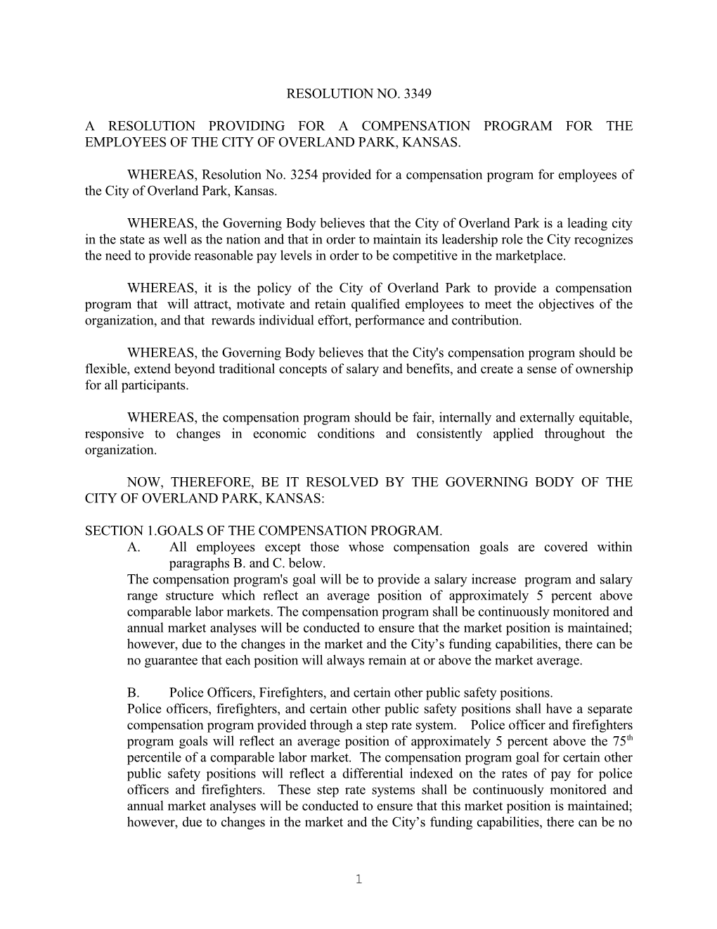 Compensation Program - Resolution No. 3349 - August 11, 2003