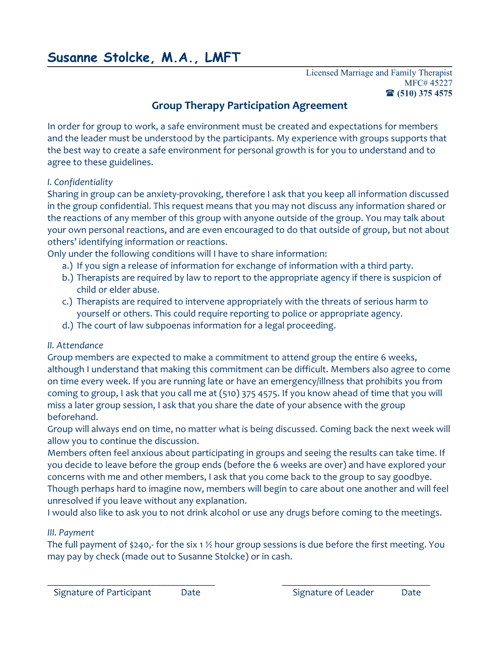 Group Therapy Participation Agreement