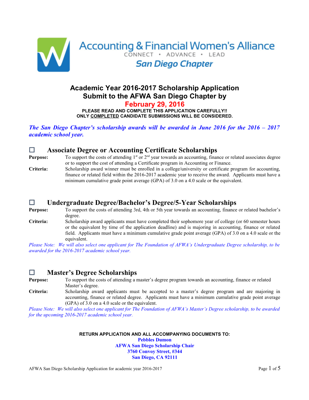 AFWA San Diego Scholarship Application for Academic Year 2016-2017