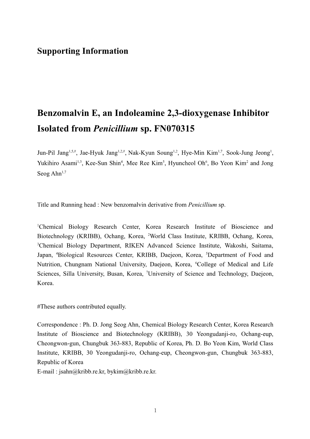 Benzomalvin E, an Indoleamine2,3-Dioxygenase Inhibitor Isolated from Penicillium Sp. FN070315