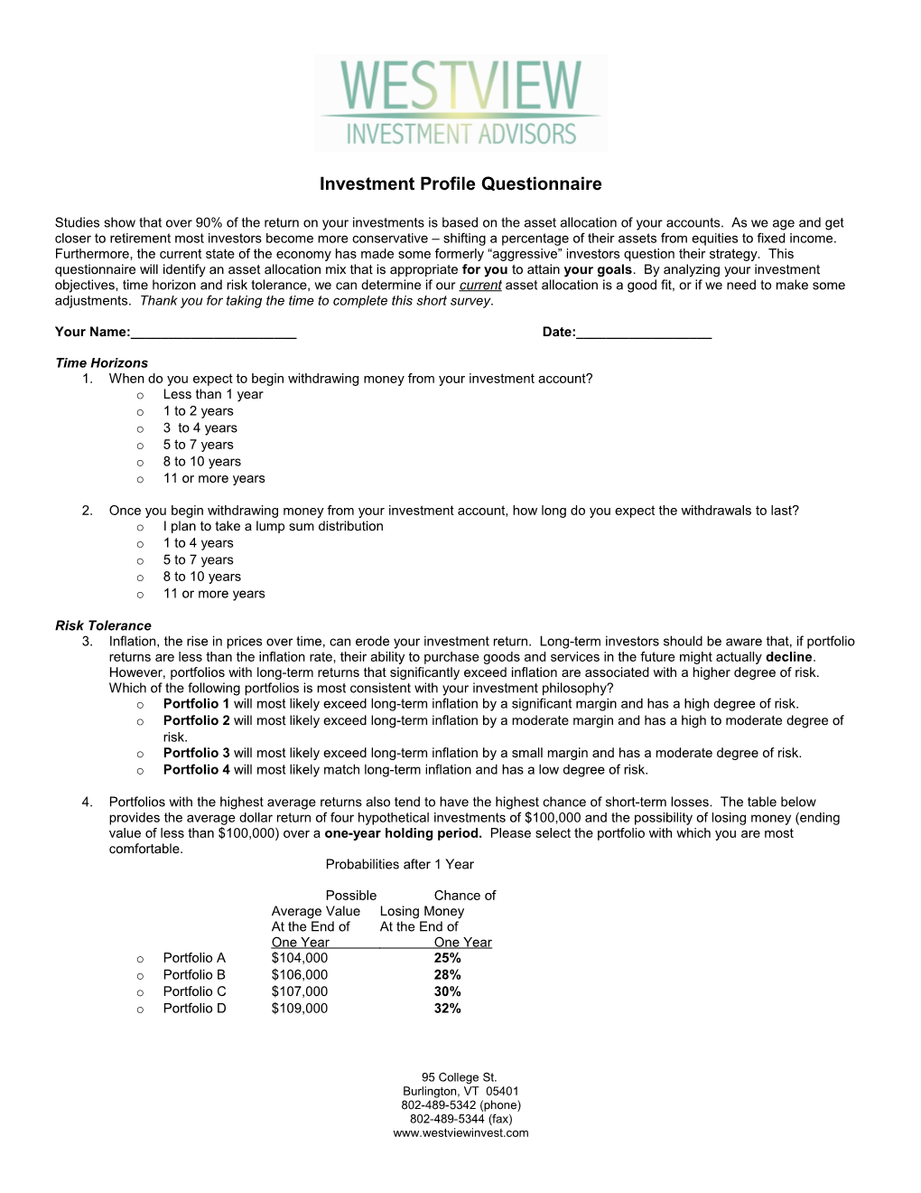 Investment Profile Questionnaire