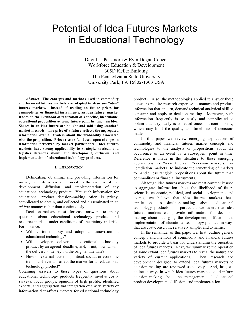 Potential of Idea Futures Markets in Organizational Decision Making for Educational Technology