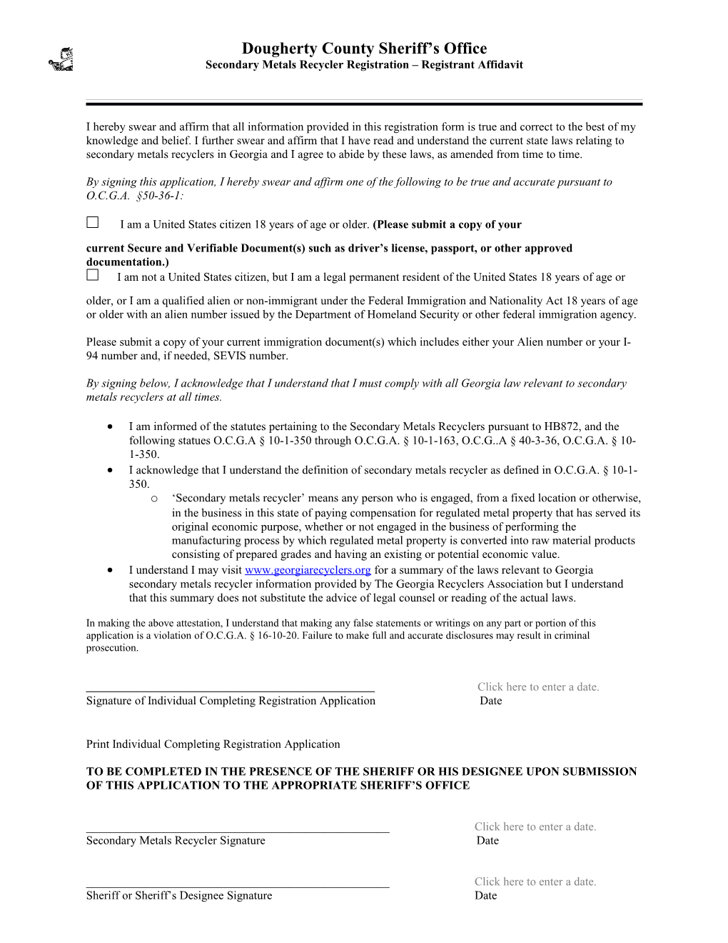 Secondary Metals Recycler Registration Registrant Affidavit