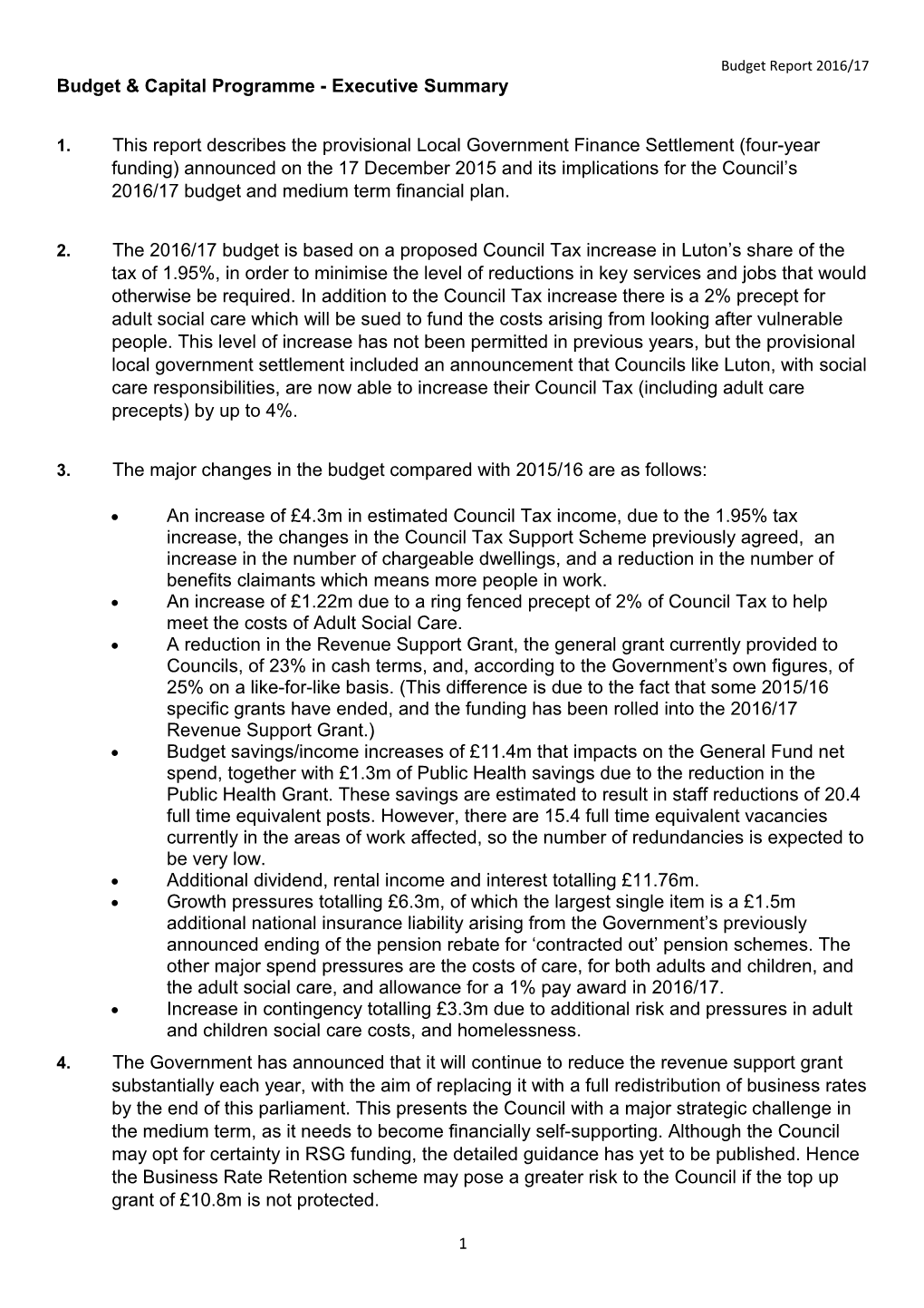 Budget & Capital Programme - Executive Summary