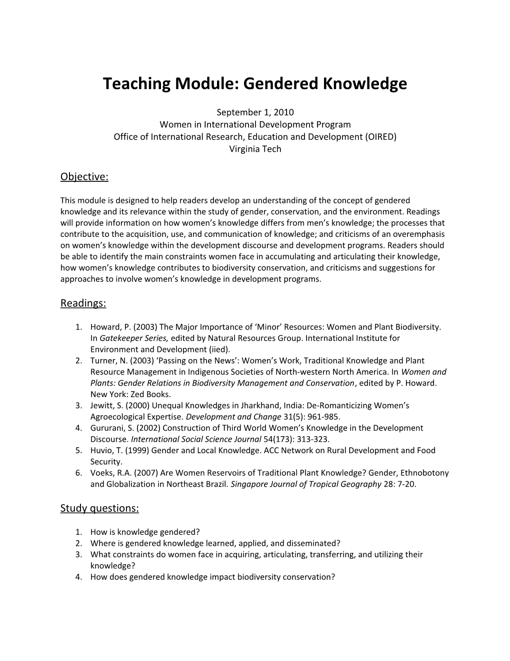 Teaching Module: Gendered Knowledge