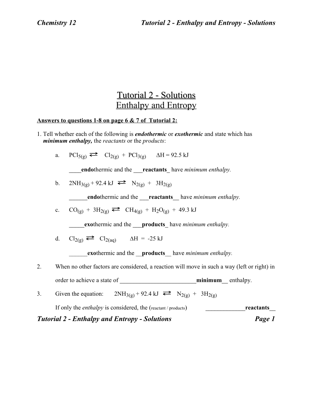 Chemistry 12Tutorial 2 - Enthalpy and Entropy - Solutions