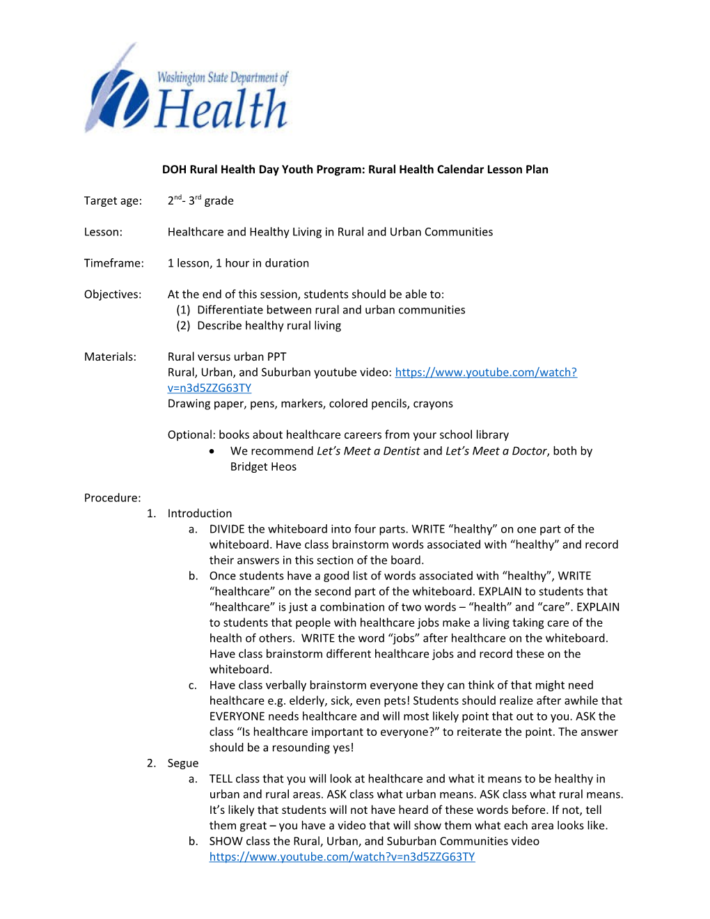 DOH Rural Health Day Youth Program: Rural Health Calendar Lesson Plan