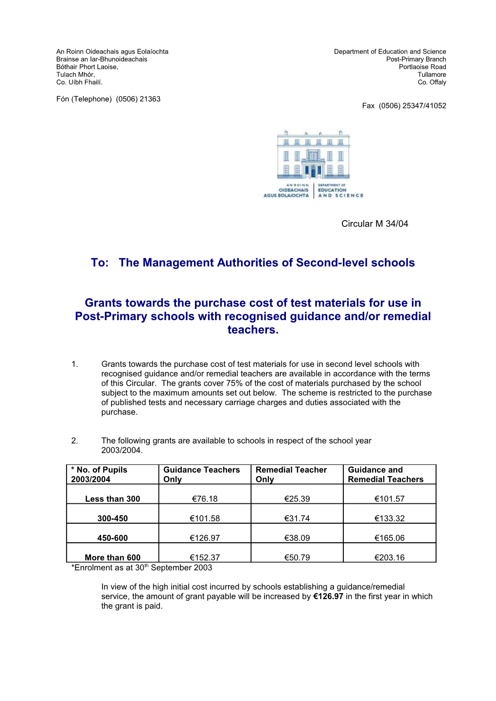 Circular M34/04 - Grants Towards the Purchase Cost of Test Materials for Use in Post-Primary