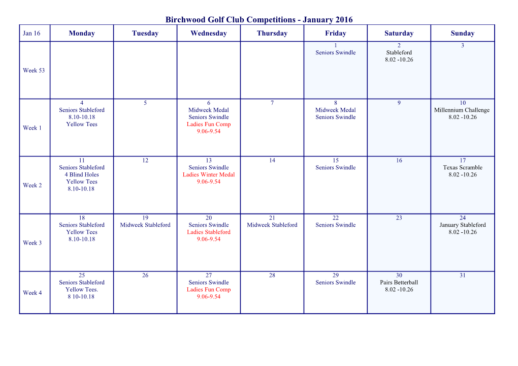 Birchwood Golf Club Competitions -January 2016