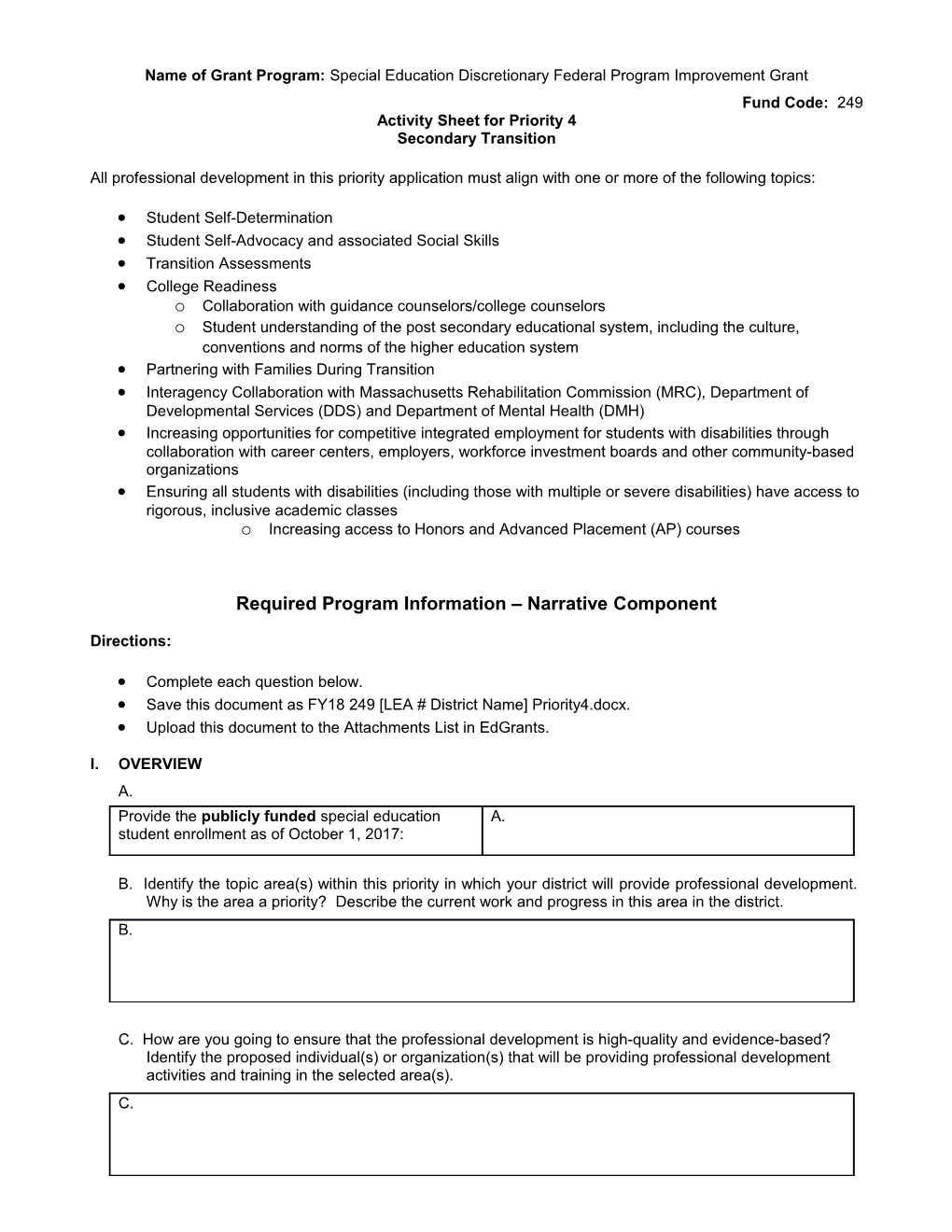 FY2018 Fund Code 249 Special Education Discretionary Federal Program Improvement Grant