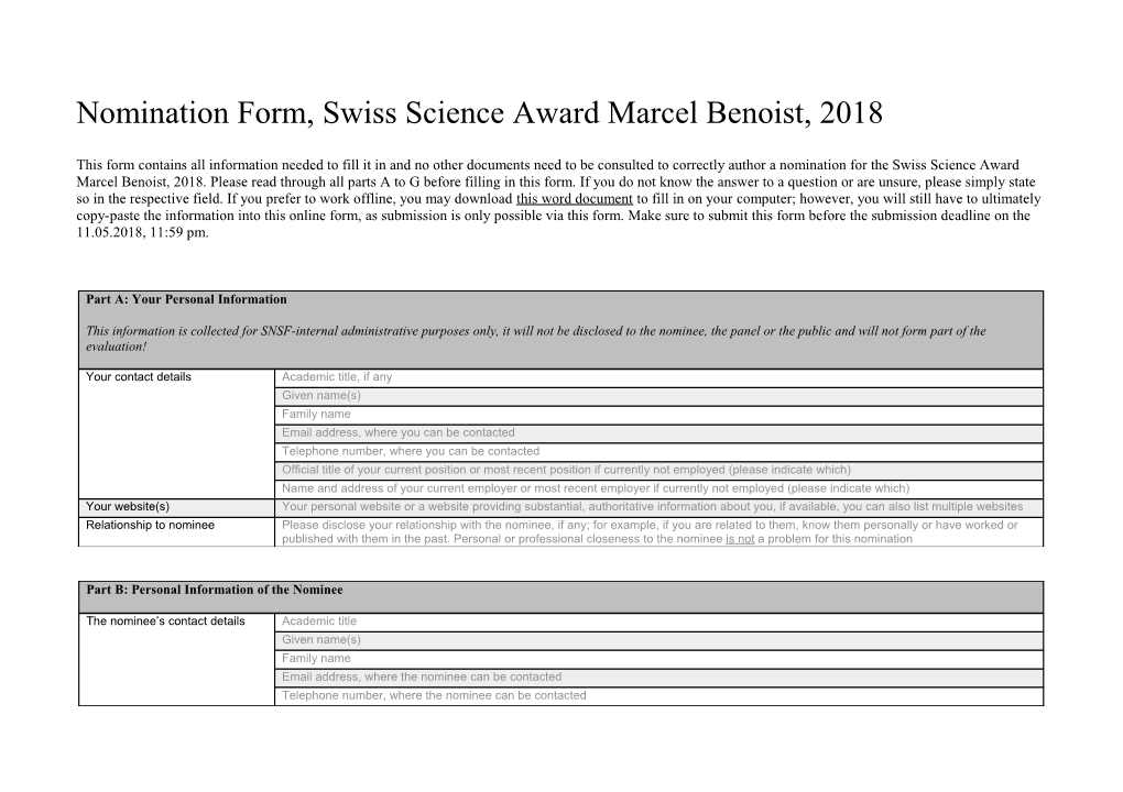 Nomination Form, Swiss Science Award Marcel Benoist, 2018