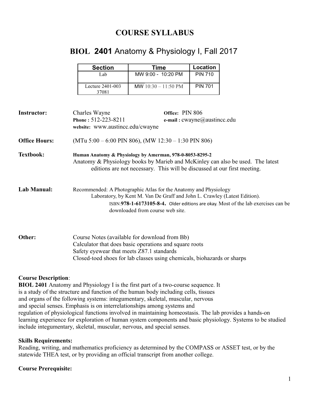 BIOL 2401 Anatomy & Physiology I, Fall 2017