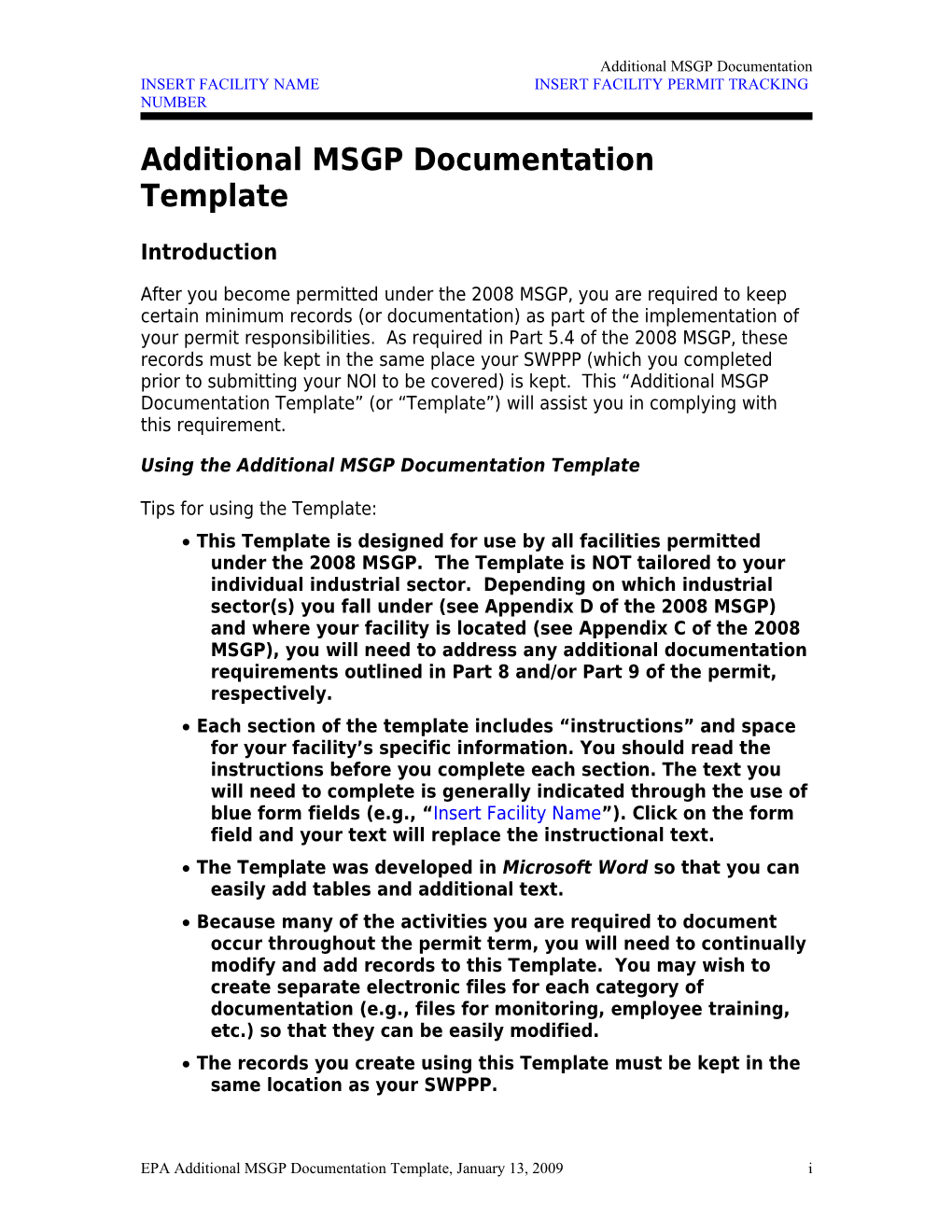 Additional SWPPP Documentation Template