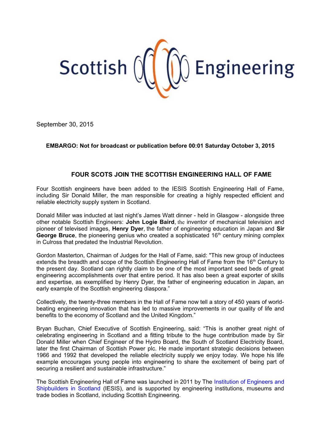 Four Scots Join Thescottish Engineering Hall of Fame