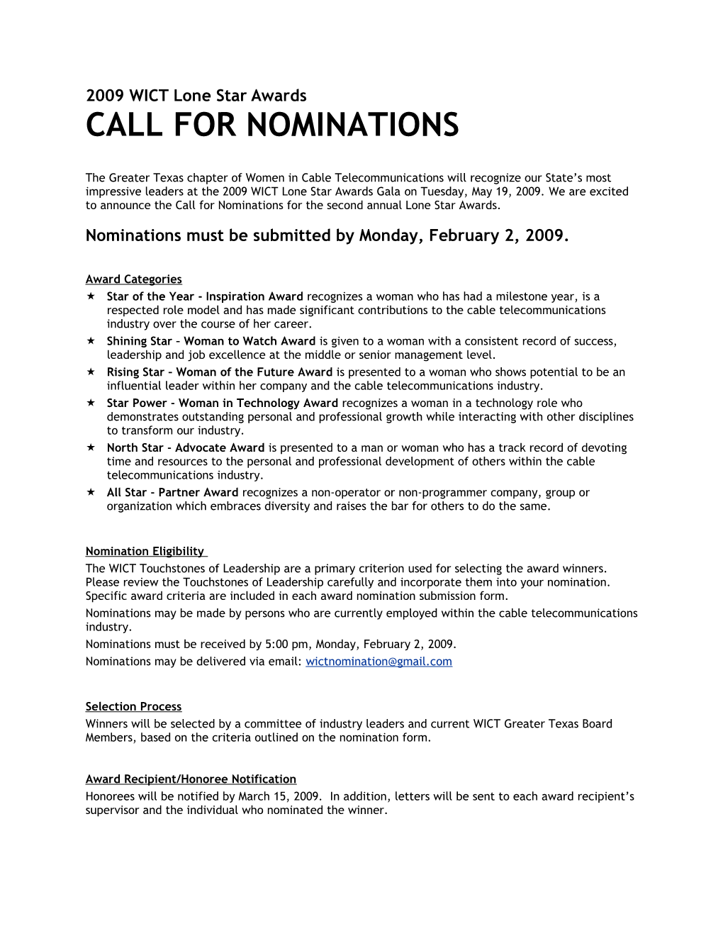 Lone Star Award NOMINATION Forms