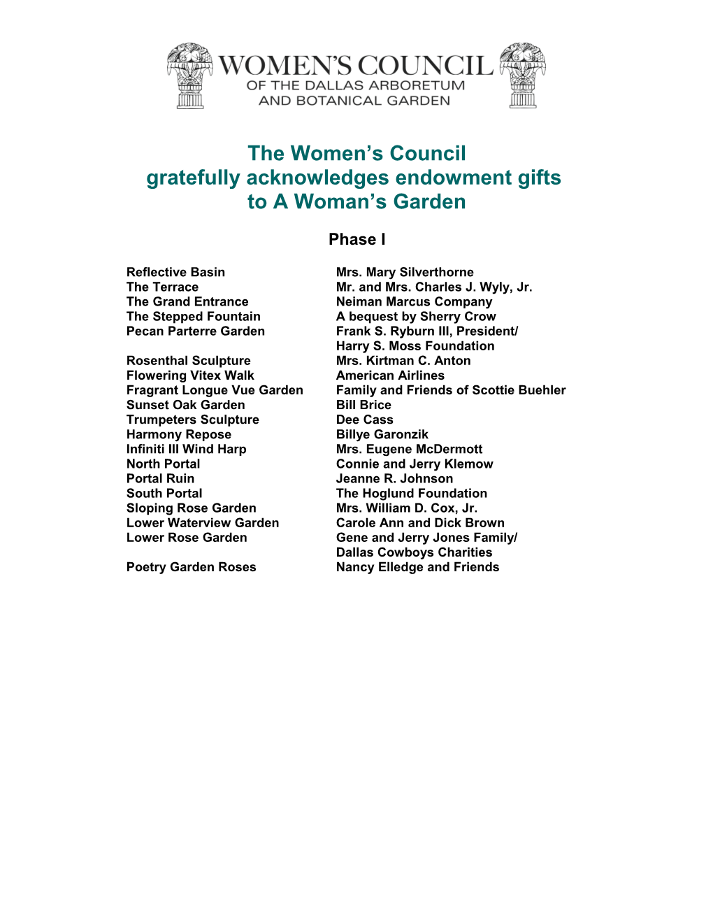 The Women S Council Gratefully Acknowledges Endowment Gifts to a Woman S Garden
