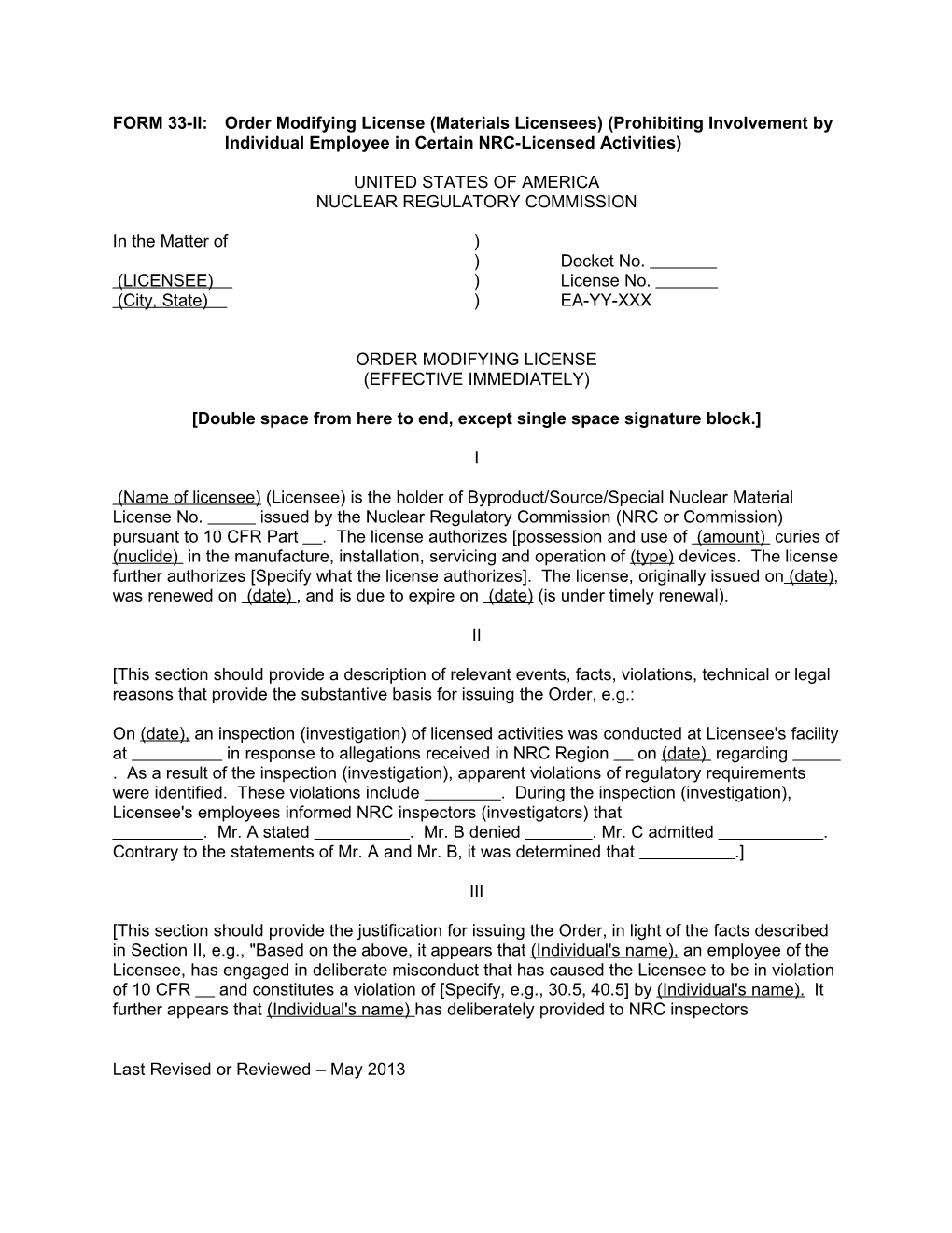 FORM 33-II:Order Modifying License (Materials Licensees) (Prohibiting Involvement by Individual