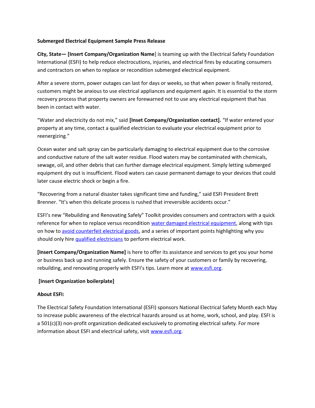 Submerged Electrical Equipment Sample Press Release