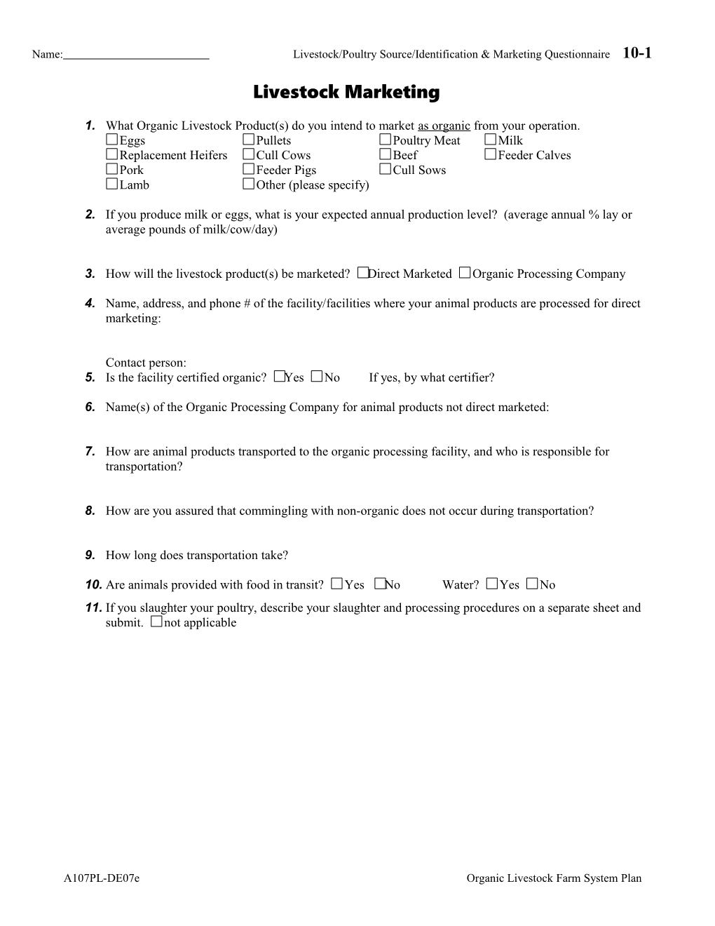 Name: Livestock/Poultry Source/Identification & Marketing Questionnaire 10-1