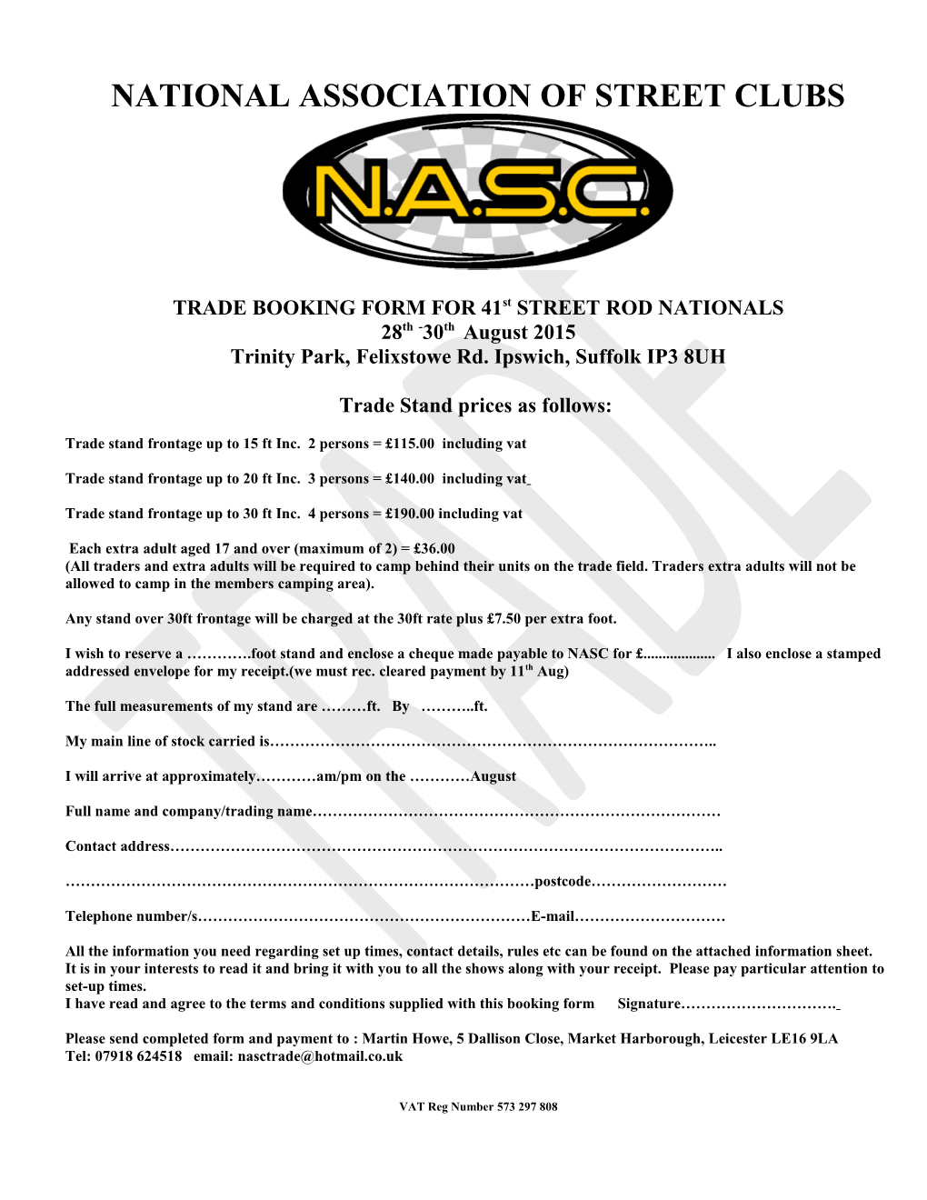 TRADE BOOKING FORM for 36Th STREET ROD NATIONALS