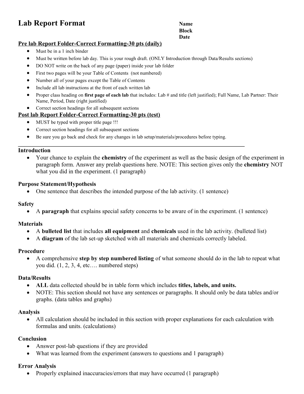 Pre Lab Report Folder-Correct Formatting-30 Pts (Daily)