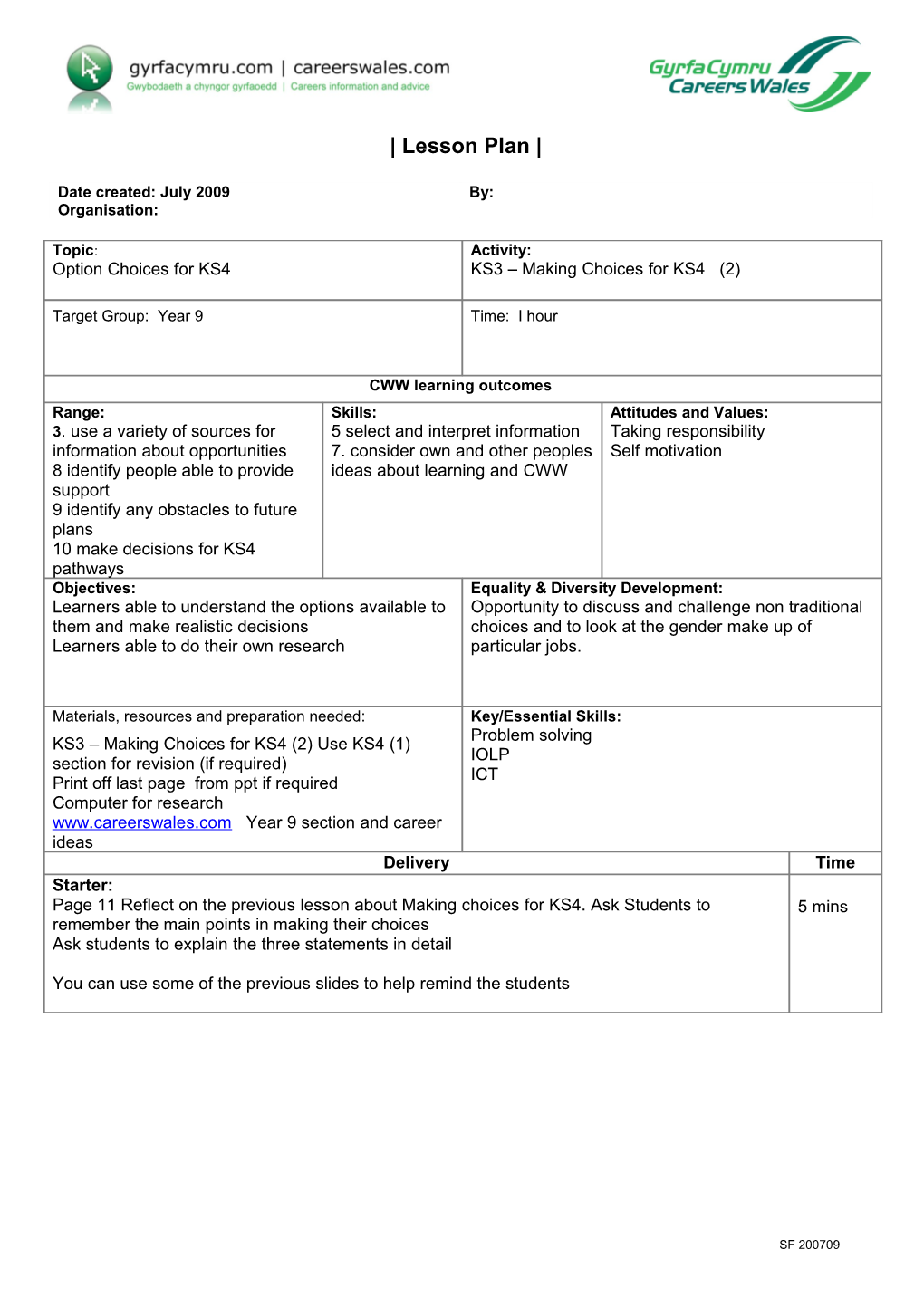 Format for CWOL Lesson Plans