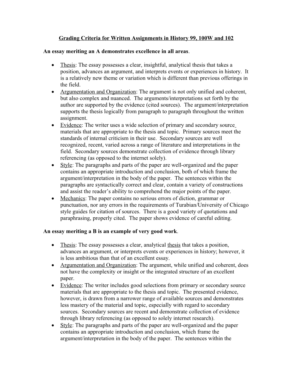 Grading Criteria for Written Assignments in History 100W and 102