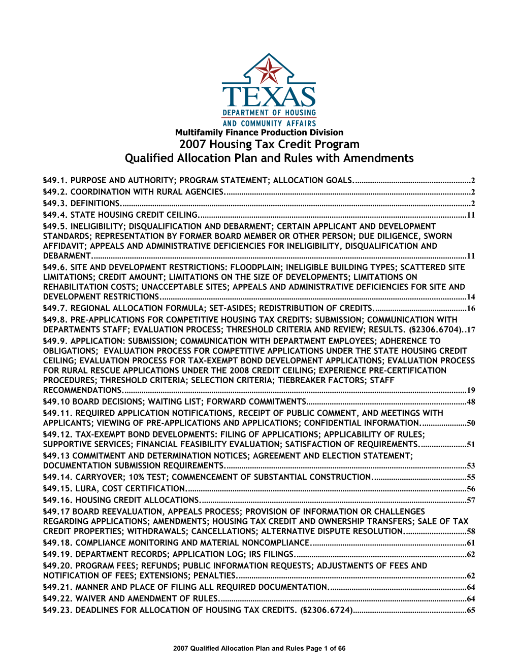 2007 Housing Tax Credit Program Qualified Allocation Plan and Rules