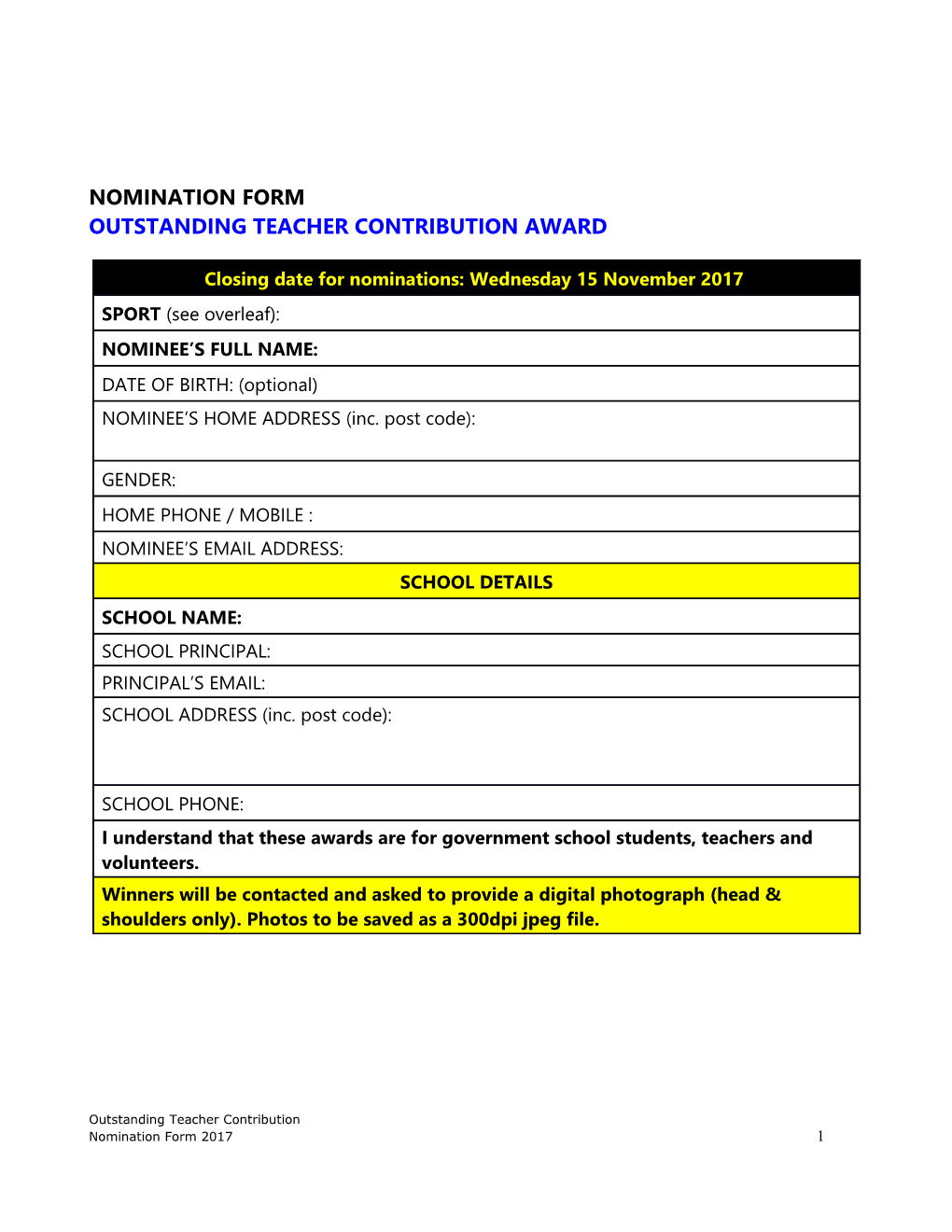 Victorian School Sports Awards 2015 Outstanding Teacher Contribution Award (Word)