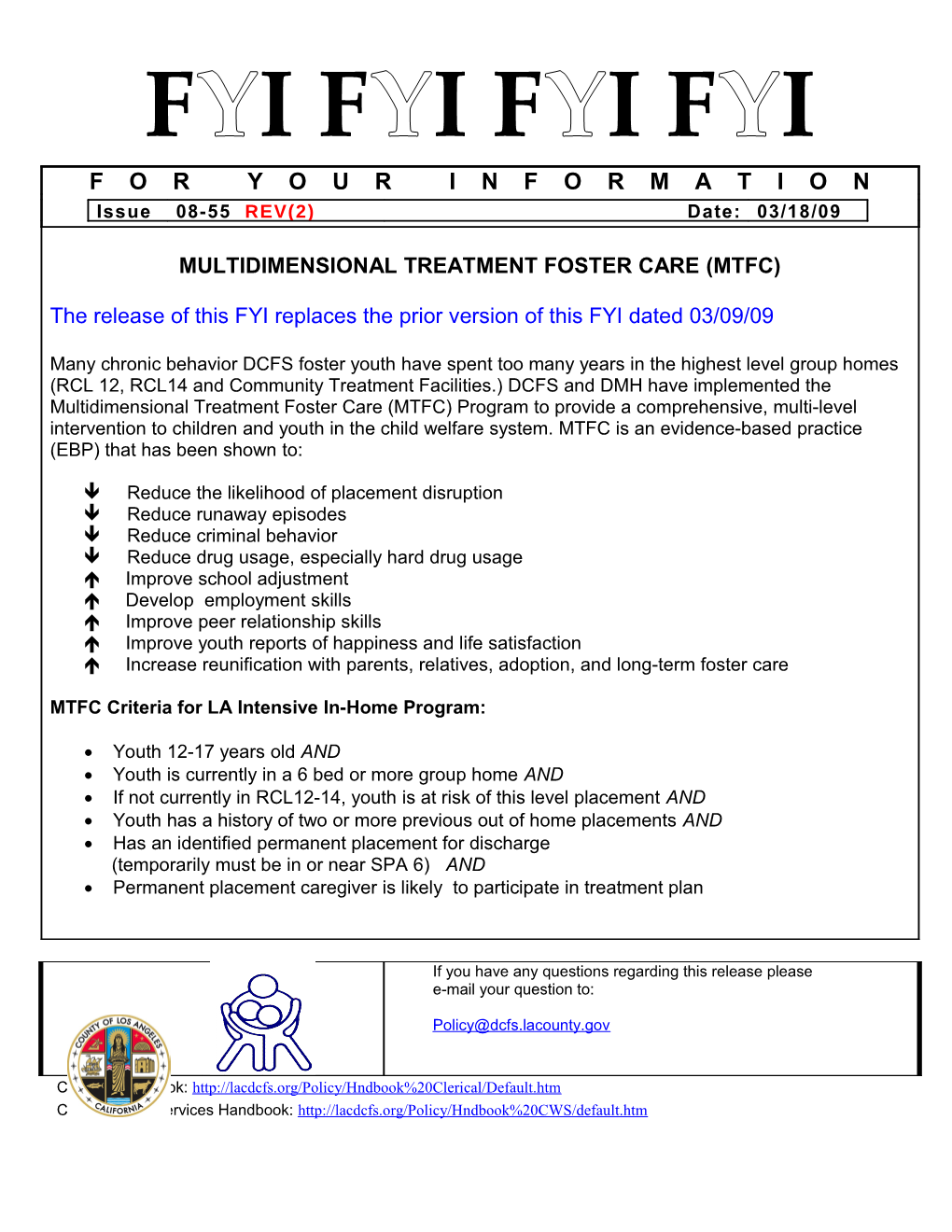 FYI 08-55, Multidimensional Treatment Foster Care (MTFC)