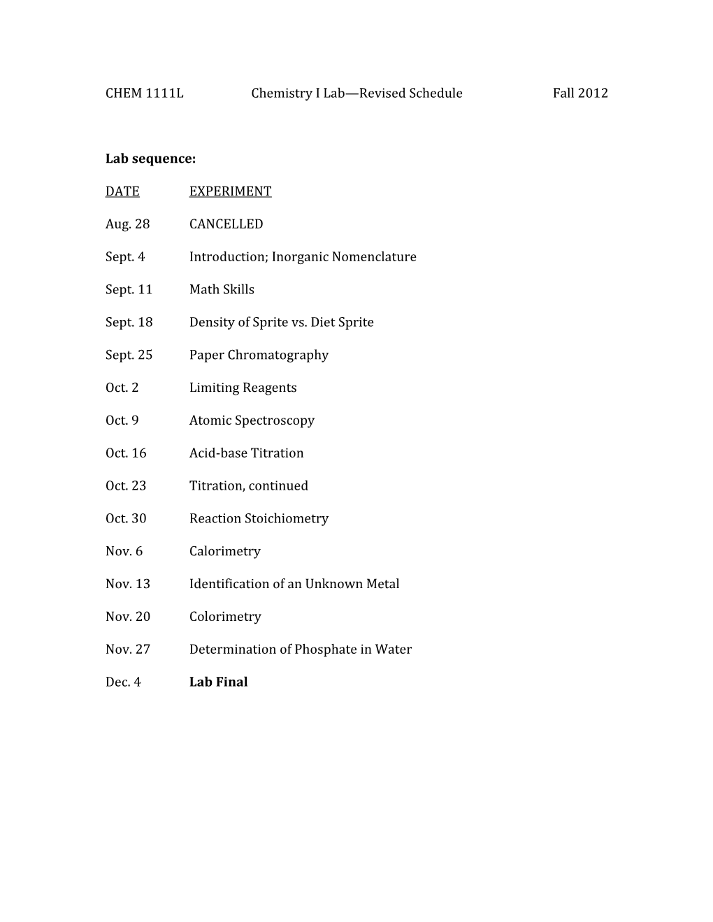 CHEM 1111Lchemistry I Lab Revised Schedulefall 2012