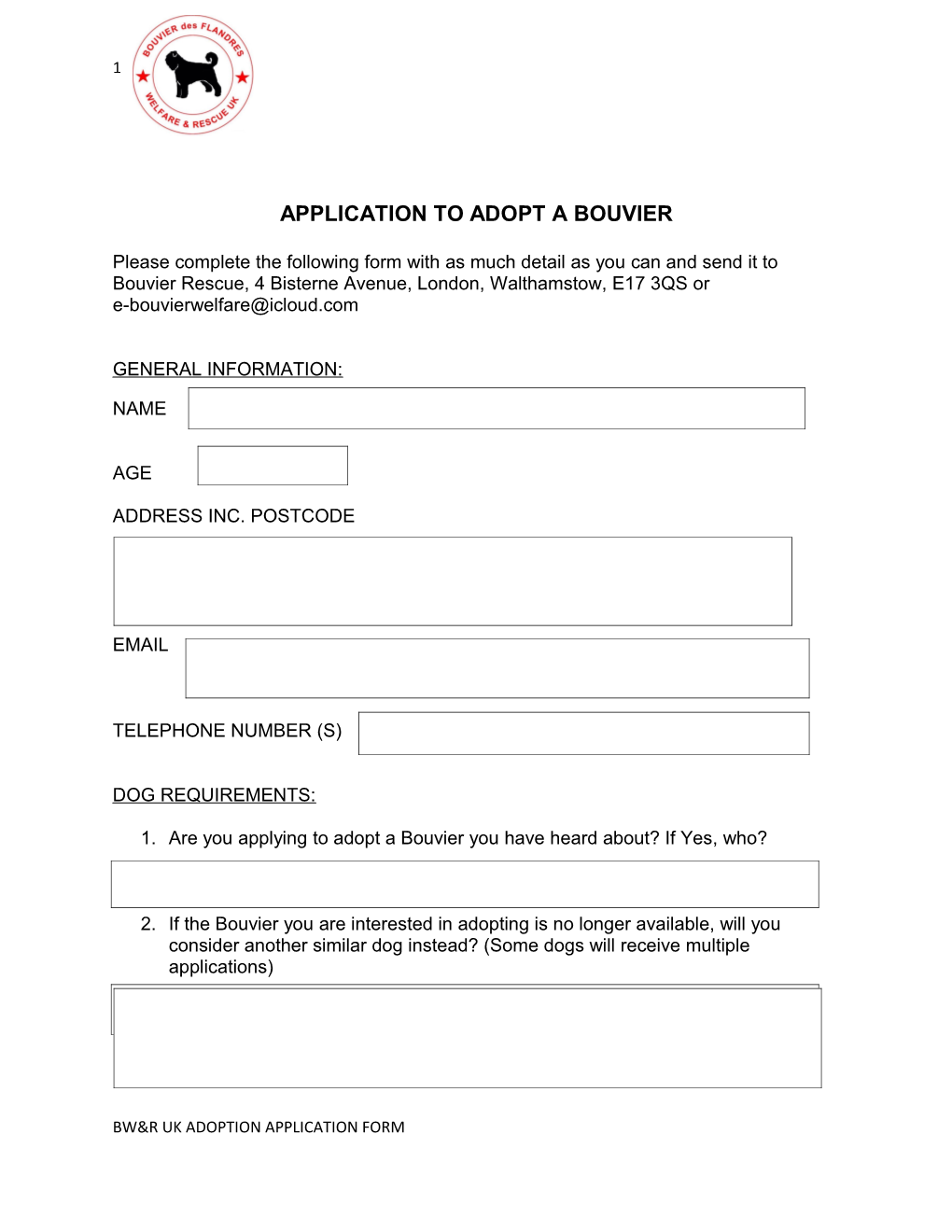 Application to Adopt a Bouvier