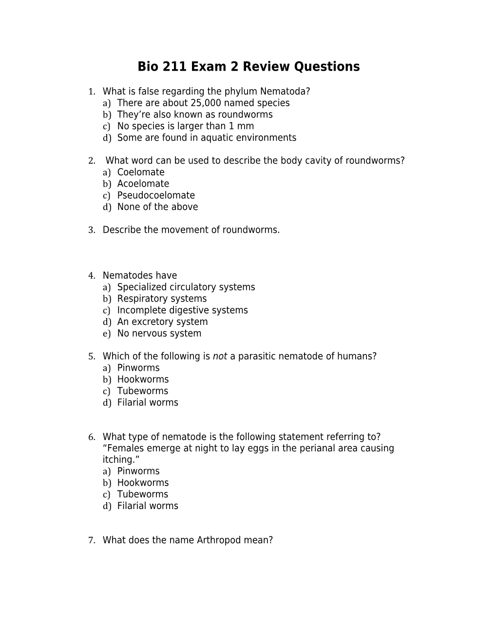 Bio 211 Exam 2 Review Questions