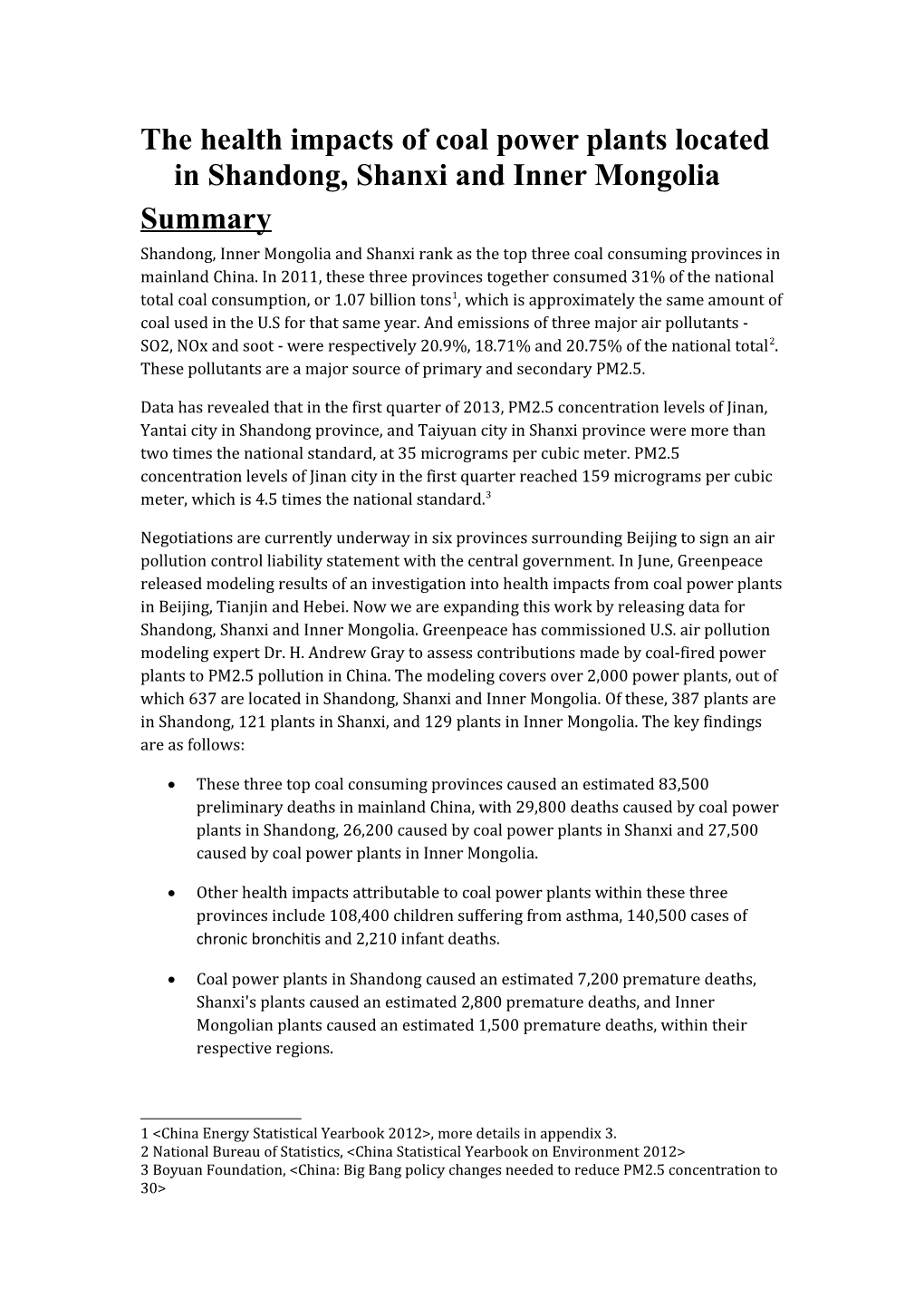 The Health Impactsof Coal Power Plants Located in Shandong, Shanxi and Inner Mongolia