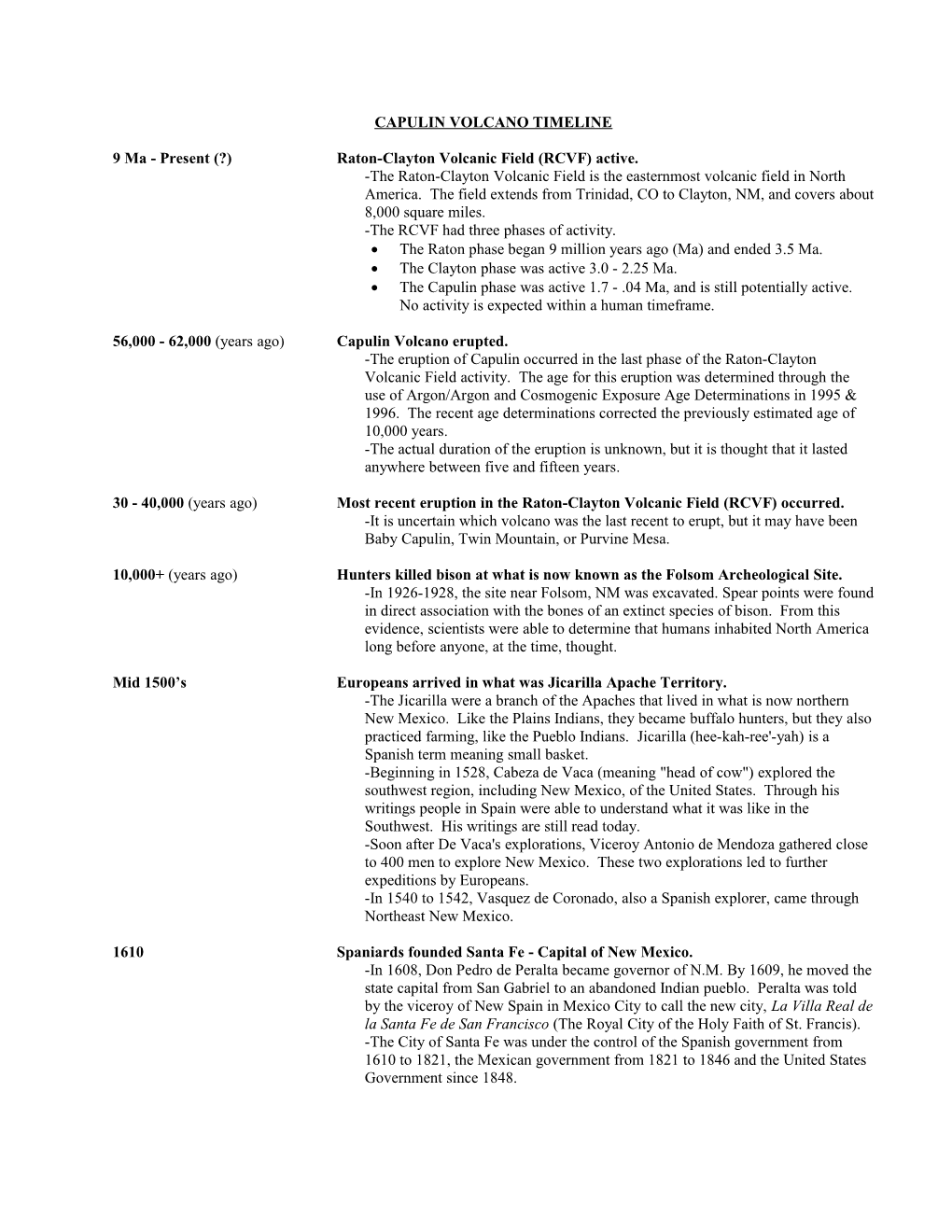 Capulin Volcano Timeline