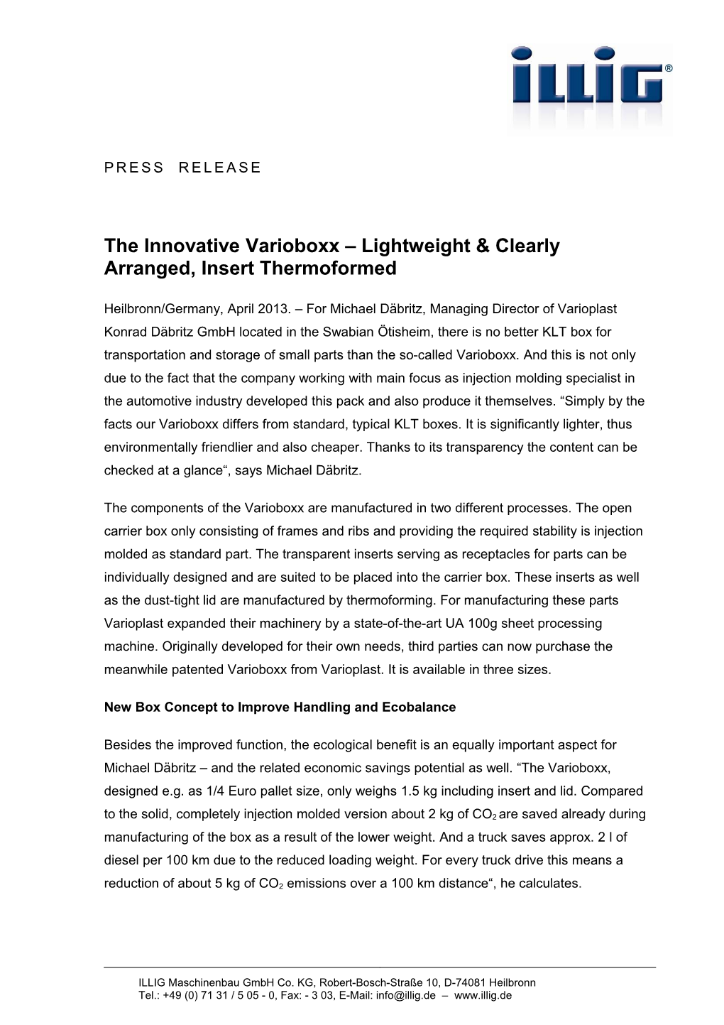 Page1of Press Release: the Innovative Varioboxx Lightweight & Clearly Arranged, Insert