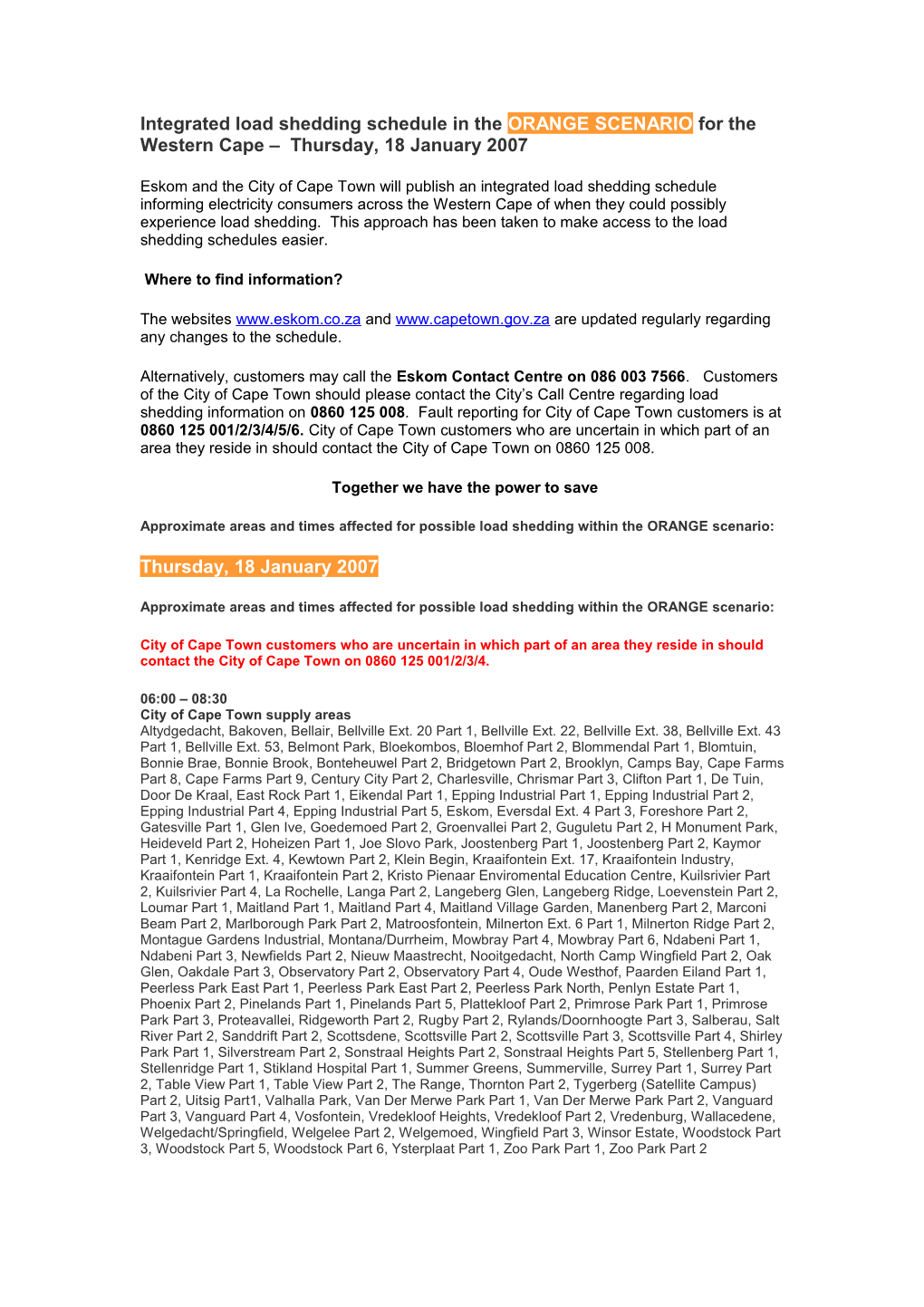 Integrated Load Shedding Schedule in the ORANGE SCENARIO for the Western Cape