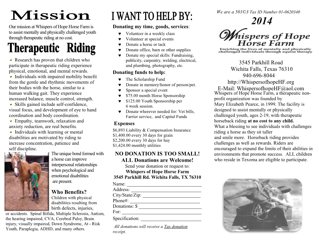Our Mission at Whispers of Hope Horse Farm Is