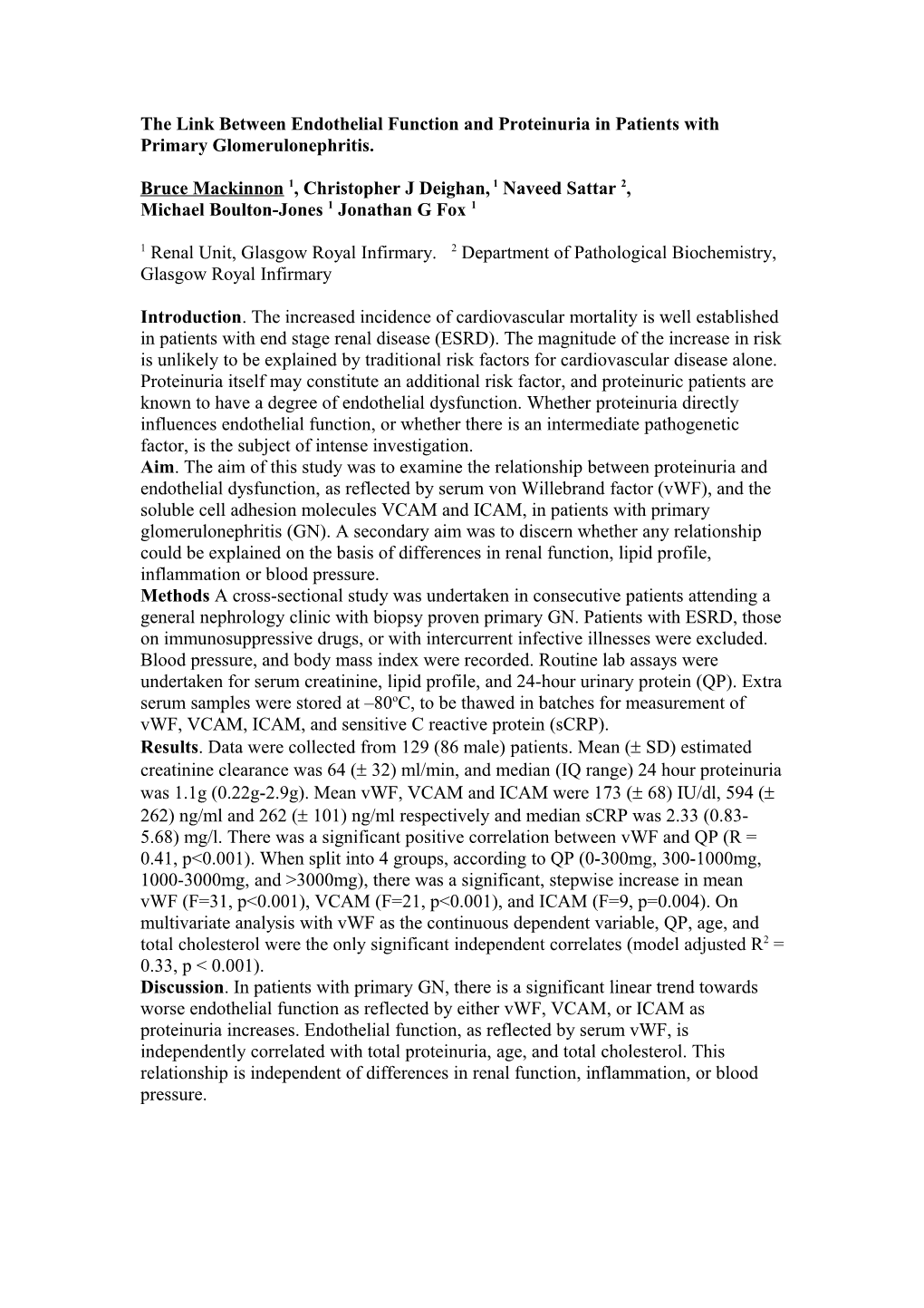 The Link Between Endothelial Function and Proteinuria in Patients with Primary