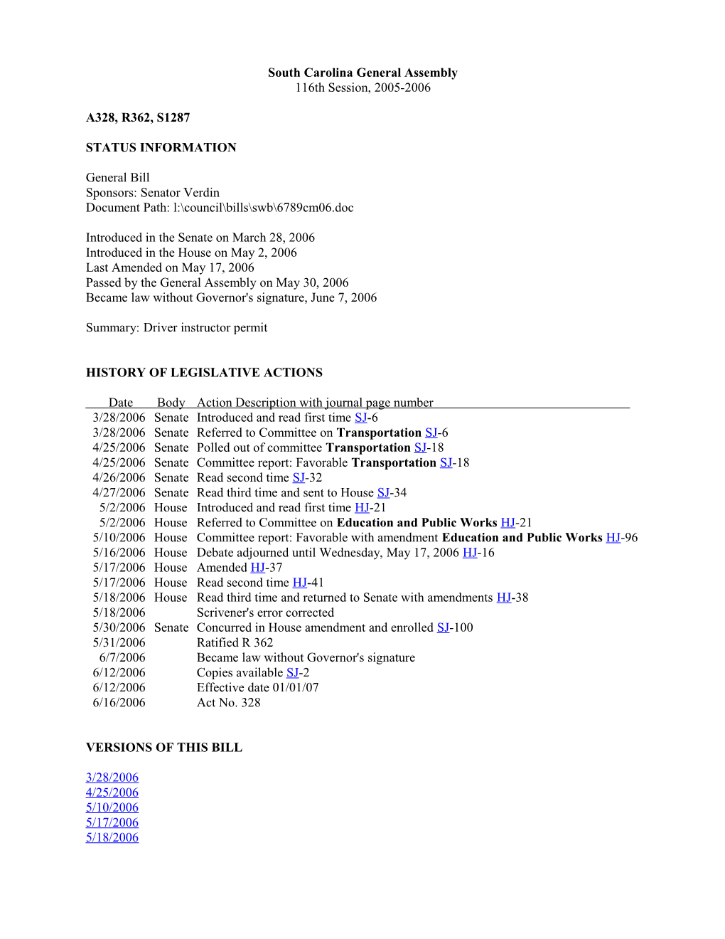 2005-2006 Bill 1287: Driver Instructor Permit - South Carolina Legislature Online