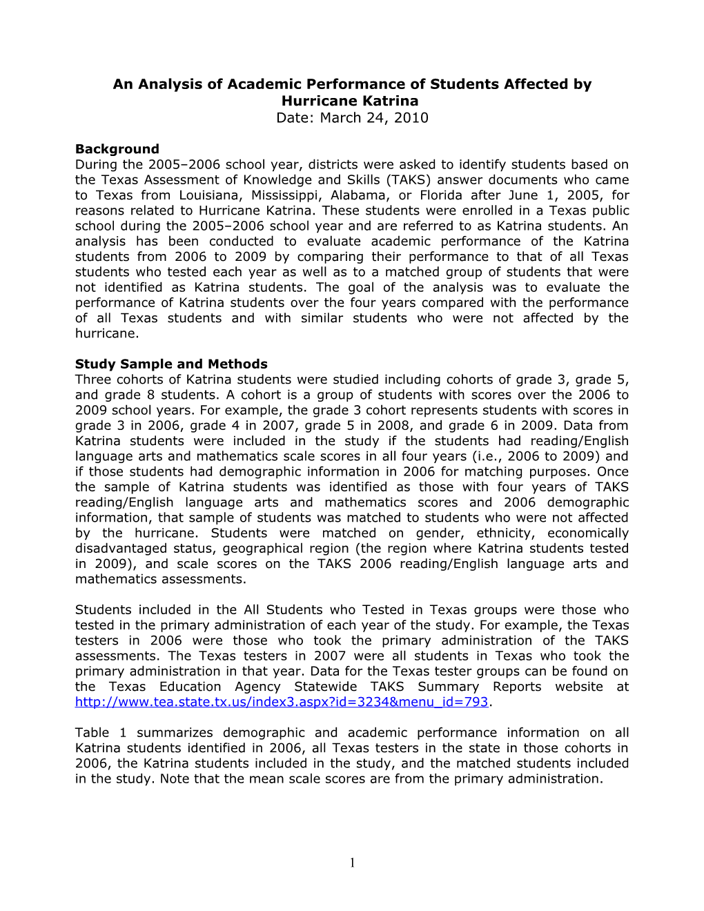 An Analysis of Academic Performance of Students Affected by Hurricane Katrina