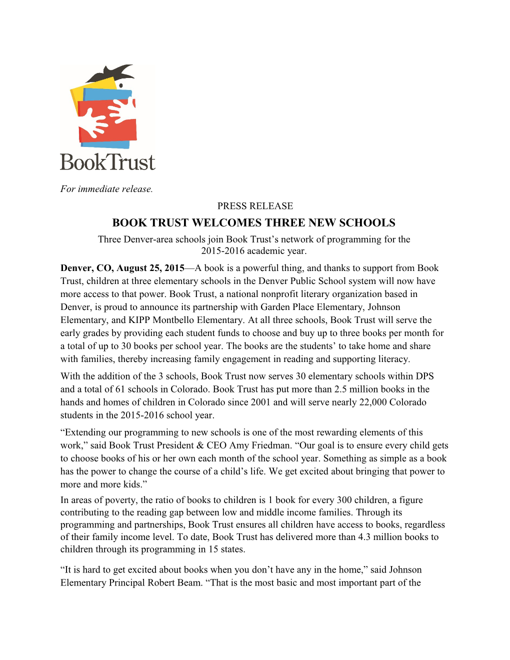 Book Trust Welcomes Three New Schools
