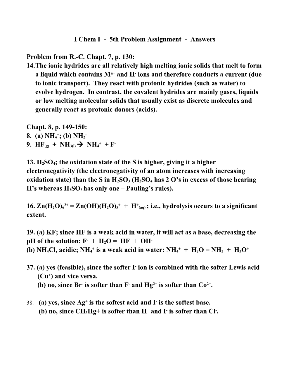 I Chem I - 2Nd Problem Assignment - January 23, 1998