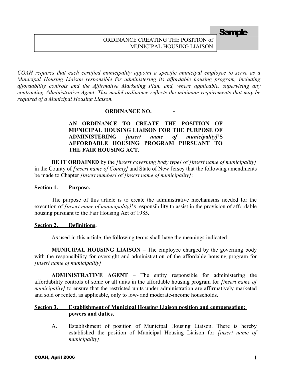 An Ordinance to Create the Position of Municipal Housing Liaison for the Purpose Of