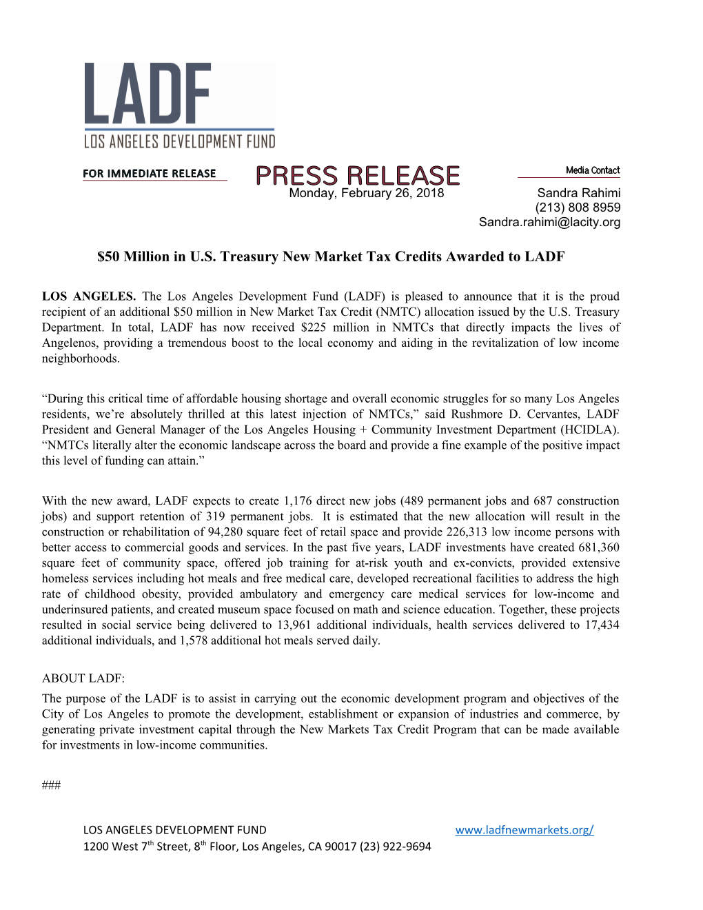 $50 Million in U.S. Treasury New Market Tax Credits Awarded to LADF