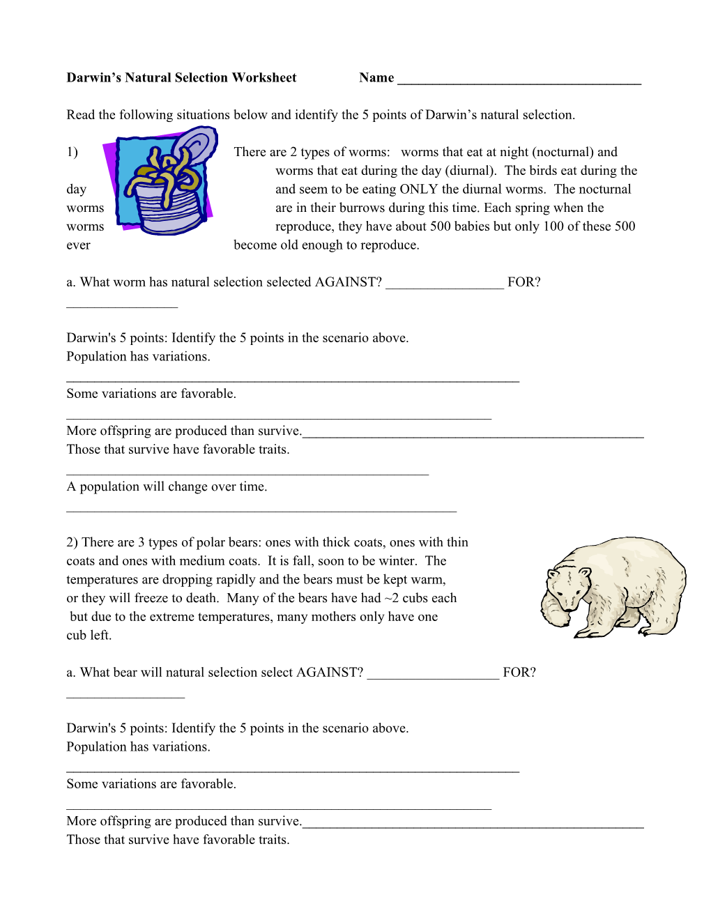 Darwin S Natural Selection Worksheet