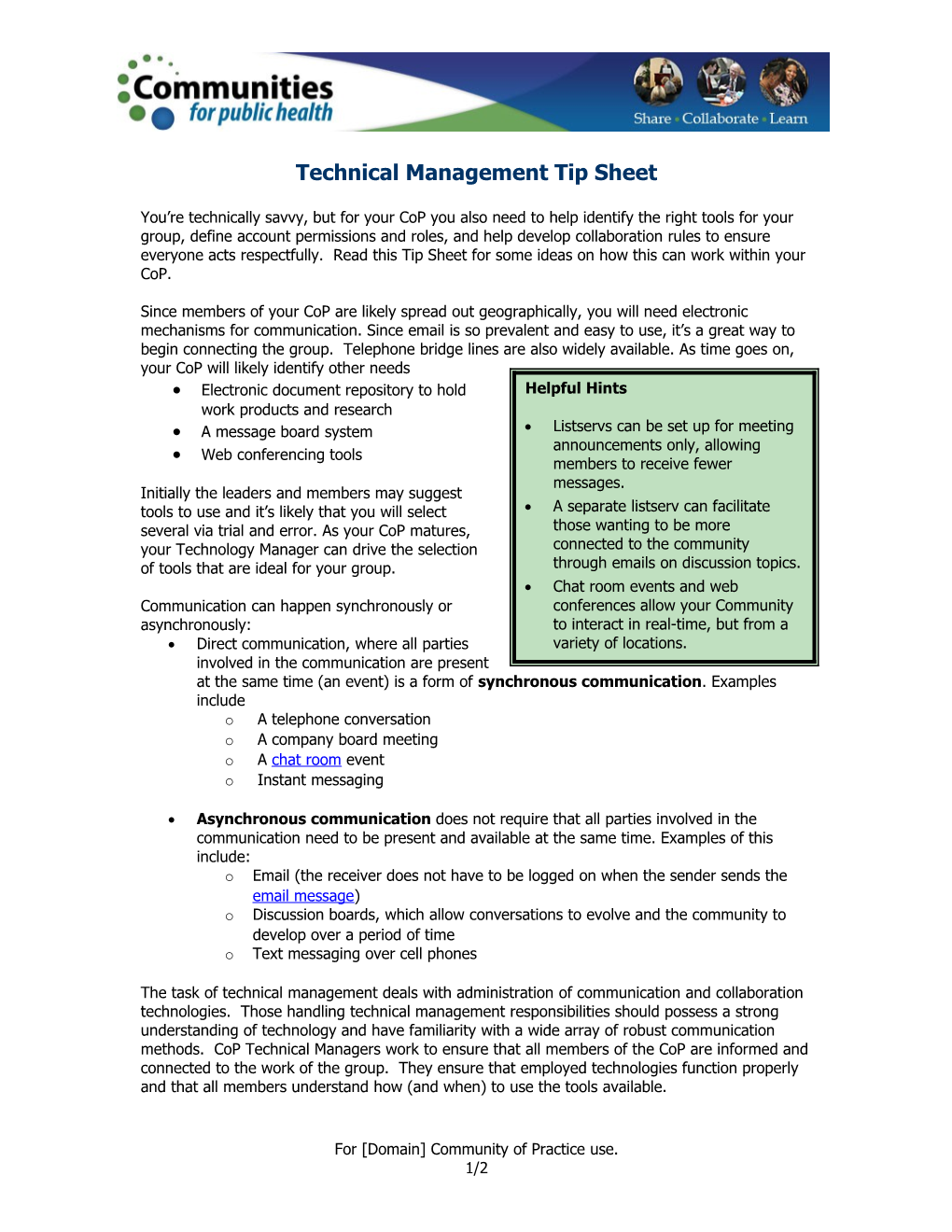 Technical Management Tip Sheet