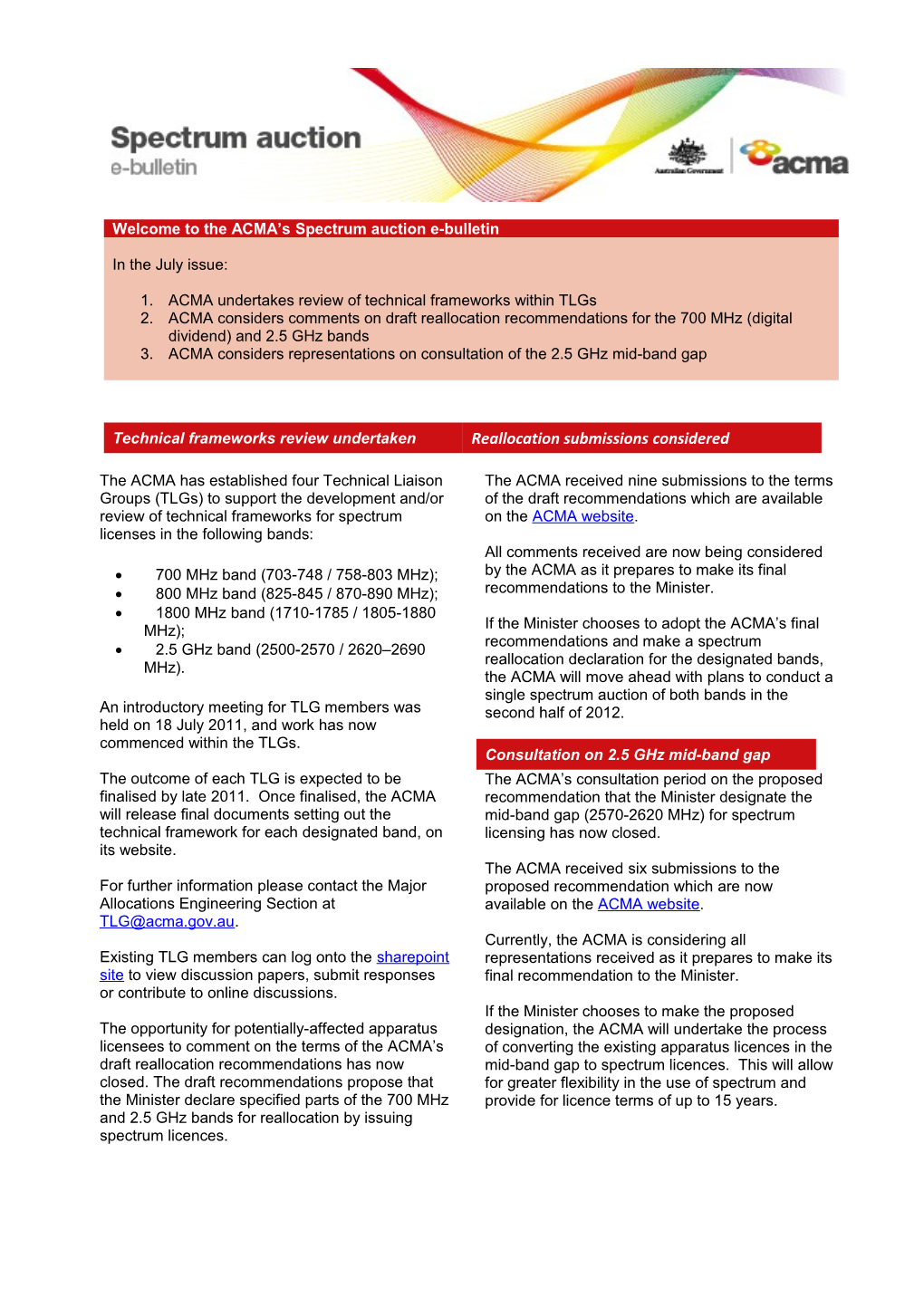 Spectrum Auction E-Bulletin - July 2011