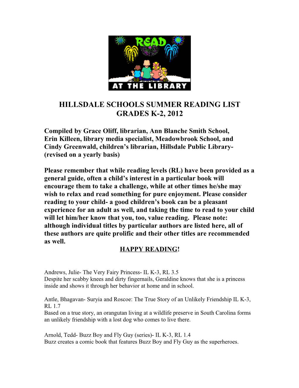 Hillsdale Schools Summer Reading List