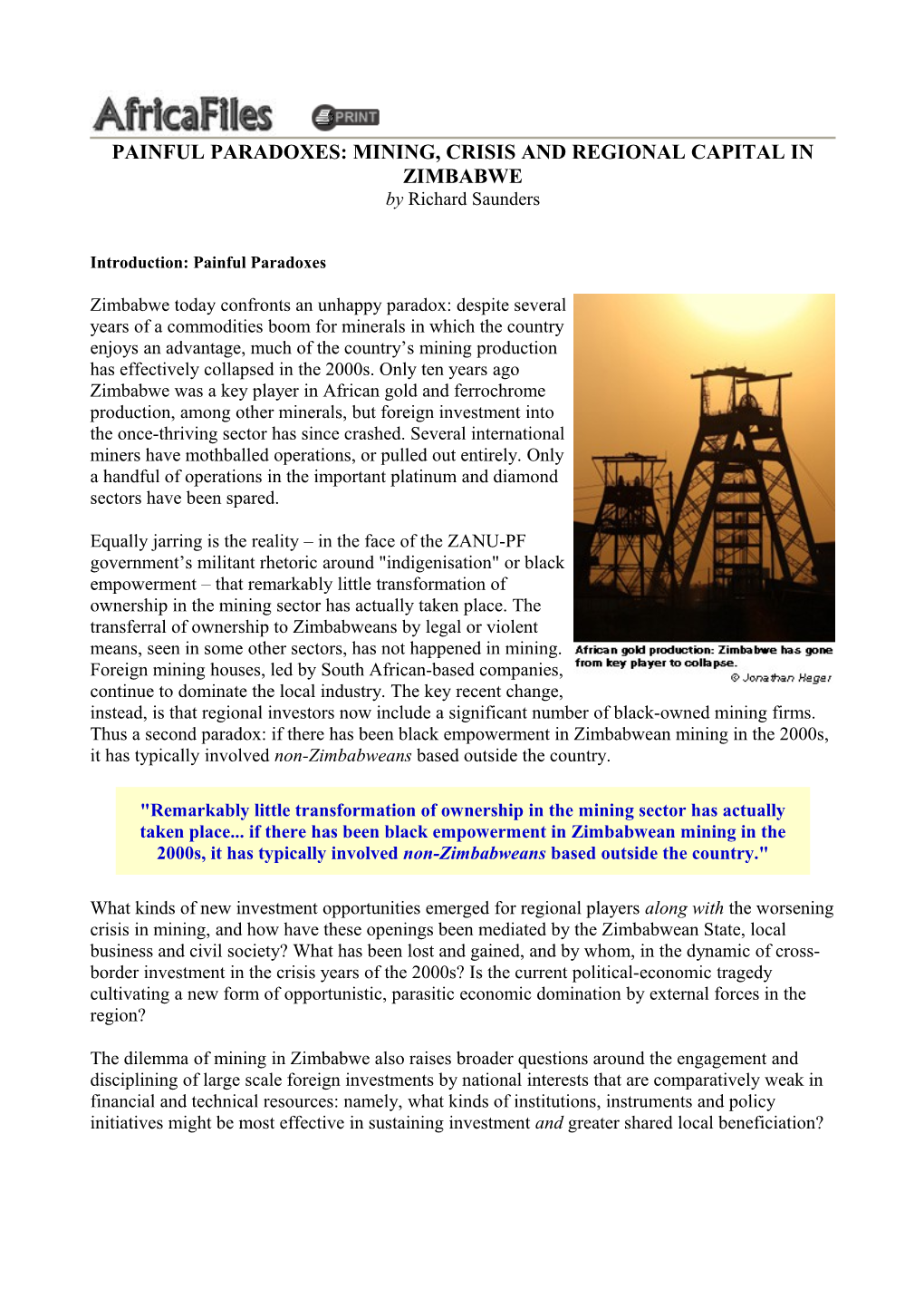 Painful Paradoxes: Mining, Crisis and Regional Capital in Zimbabwe